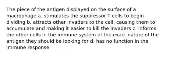 The piece of the antigen displayed on the surface of a macrophage a. stimulates the suppressor T cells to begin dividing b. attracts other invaders to the cell, causing them to accumulate and making it easier to kill the invaders c. informs the other cells in the immune system of the exact nature of the antigen they should be looking for d. has no function in the immune response