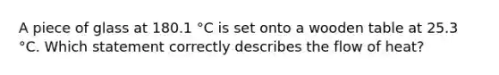 A piece of glass at 180.1 °C is set onto a wooden table at 25.3 °C. Which statement correctly describes the flow of heat?