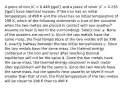 A piece of iron (C = 0.449 J/goC) and a piece of silver (C = 0.235 J/goC) have identical masses. If the iron has an initial temperature of 498 K and the silver has an initial temperature of 298 K, which of the following statements is true of the outcome when the two metals are placed in contact with one another? Assume no heat is lost to the surroundings. Select one: a. None of the answers are correct b. Since the two metals have the same mass, the final temperature of the two metals will be 398 K, exactly halfway between the two initial temperatures c. Since the two metals have the same mass, the thermal energy contained in the iron and silver after reaching thermal equilibrium will not be the same d. Since the two metals have the same mass, the thermal energy contained in each metal after equilibrium will be the same e. Since the two metals have the same mass, but the specific heat capacity of silver if much smaller than that of iron, the final temperature of the two metals will be closer to 298 K than to 498 K