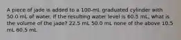 A piece of jade is added to a 100-mL graduated cylinder with 50.0 mL of water. If the resulting water level is 60.5 mL, what is the volume of the jade? 22.5 mL 50.0 mL none of the above 10.5 mL 60.5 mL