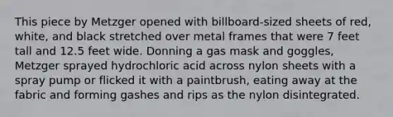 This piece by Metzger opened with billboard-sized sheets of red, white, and black stretched over metal frames that were 7 feet tall and 12.5 feet wide. Donning a gas mask and goggles, Metzger sprayed hydrochloric acid across nylon sheets with a spray pump or flicked it with a paintbrush, eating away at the fabric and forming gashes and rips as the nylon disintegrated.