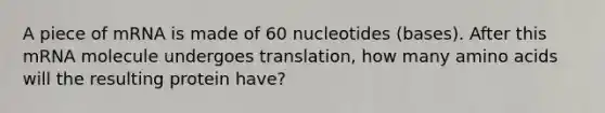 A piece of mRNA is made of 60 nucleotides (bases). After this mRNA molecule undergoes translation, how many amino acids will the resulting protein have?