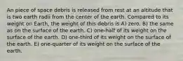 An piece of space debris is released from rest at an altitude that is two earth radii from the center of the earth. Compared to its weight on Earth, the weight of this debris is A) zero. B) the same as on the surface of the earth. C) one-half of its weight on the surface of the earth. D) one-third of its weight on the surface of the earth. E) one-quarter of its weight on the surface of the earth.