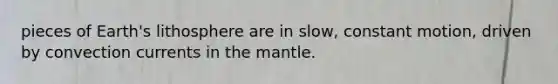 pieces of Earth's lithosphere are in slow, constant motion, driven by convection currents in <a href='https://www.questionai.com/knowledge/kHR4HOnNY8-the-mantle' class='anchor-knowledge'>the mantle</a>.