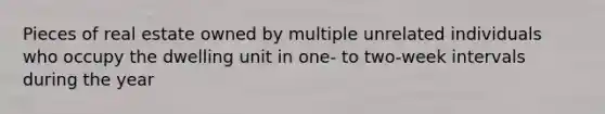 Pieces of real estate owned by multiple unrelated individuals who occupy the dwelling unit in one- to two-week intervals during the year