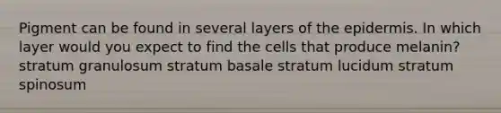 Pigment can be found in several layers of the epidermis. In which layer would you expect to find the cells that produce melanin? stratum granulosum stratum basale stratum lucidum stratum spinosum