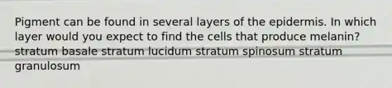 Pigment can be found in several layers of the epidermis. In which layer would you expect to find the cells that produce melanin? stratum basale stratum lucidum stratum spinosum stratum granulosum