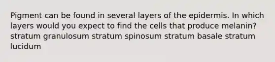 Pigment can be found in several layers of <a href='https://www.questionai.com/knowledge/kBFgQMpq6s-the-epidermis' class='anchor-knowledge'>the epidermis</a>. In which layers would you expect to find the cells that produce melanin? stratum granulosum stratum spinosum stratum basale stratum lucidum