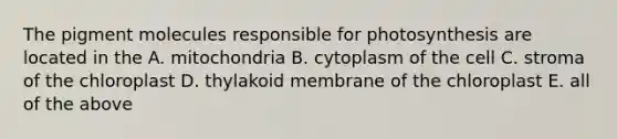 The pigment molecules responsible for photosynthesis are located in the A. mitochondria B. cytoplasm of the cell C. stroma of the chloroplast D. thylakoid membrane of the chloroplast E. all of the above