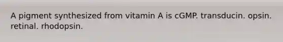 A pigment synthesized from vitamin A is cGMP. transducin. opsin. retinal. rhodopsin.