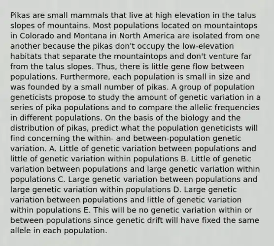 Pikas are small mammals that live at high elevation in the talus slopes of mountains. Most populations located on mountaintops in Colorado and Montana in North America are isolated from one another because the pikas don't occupy the low-elevation habitats that separate the mountaintops and don't venture far from the talus slopes. Thus, there is little gene flow between populations. Furthermore, each population is small in size and was founded by a small number of pikas. A group of population geneticists propose to study the amount of genetic variation in a series of pika populations and to compare the allelic frequencies in different populations. On the basis of the biology and the distribution of pikas, predict what the population geneticists will find concerning the within- and between-population genetic variation. A. Little of genetic variation between populations and little of genetic variation within populations B. Little of genetic variation between populations and large genetic variation within populations C. Large genetic variation between populations and large genetic variation within populations D. Large genetic variation between populations and little of genetic variation within populations E. This will be no genetic variation within or between populations since genetic drift will have fixed the same allele in each population.