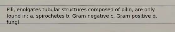 Pili, enolgates tubular structures composed of pilin, are only found in: a. spirochetes b. Gram negative c. Gram positive d. fungi