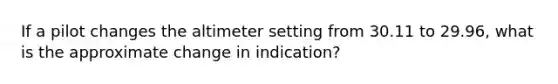 If a pilot changes the altimeter setting from 30.11 to 29.96, what is the approximate change in indication?