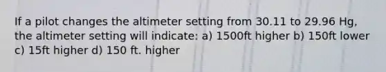 If a pilot changes the altimeter setting from 30.11 to 29.96 Hg, the altimeter setting will indicate: a) 1500ft higher b) 150ft lower c) 15ft higher d) 150 ft. higher