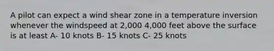 A pilot can expect a wind shear zone in a temperature inversion whenever the windspeed at 2,000 4,000 feet above the surface is at least A- 10 knots B- 15 knots C- 25 knots