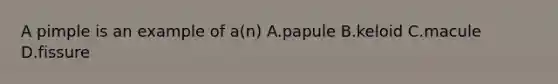 A pimple is an example of a(n) A.papule B.keloid C.macule D.fissure