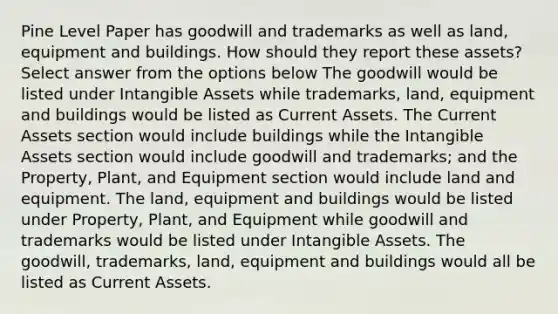 Pine Level Paper has goodwill and trademarks as well as land, equipment and buildings. How should they report these assets? Select answer from the options below The goodwill would be listed under Intangible Assets while trademarks, land, equipment and buildings would be listed as Current Assets. The Current Assets section would include buildings while the Intangible Assets section would include goodwill and trademarks; and the Property, Plant, and Equipment section would include land and equipment. The land, equipment and buildings would be listed under Property, Plant, and Equipment while goodwill and trademarks would be listed under Intangible Assets. The goodwill, trademarks, land, equipment and buildings would all be listed as Current Assets.