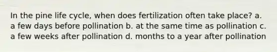 In the pine life cycle, when does fertilization often take place? a. a few days before pollination b. at the same time as pollination c. a few weeks after pollination d. months to a year after pollination