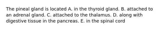 The pineal gland is located A. in the thyroid gland. B. attached to an adrenal gland. C. attached to the thalamus. D. along with digestive tissue in <a href='https://www.questionai.com/knowledge/kITHRba4Cd-the-pancreas' class='anchor-knowledge'>the pancreas</a>. E. in <a href='https://www.questionai.com/knowledge/kkAfzcJHuZ-the-spinal-cord' class='anchor-knowledge'>the spinal cord</a>