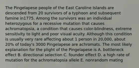 The Pingelapese people of the East Caroline Islands are descended from 20 survivors of a typhoon and subsequent famine in1775. Among the survivors was an individual heterozygous for a recessive mutation that causes achromatopsia, a condition that causes color-blindness, extreme sensitivity to light and poor visual acuity. Although this condition is usually very rare affecting about 1 person in 20,000, about 20% of today's 3000 Pingelapese are achromats. The most likely explanation for the plight of the Pingelapese is A. bottleneck effect B. directional selection C. founder effect D. a high rate of mutation for the achromatopsia allele E. nonrandom mating