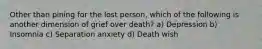 Other than pining for the lost person, which of the following is another dimension of grief over death? a) Depression b) Insomnia c) Separation anxiety d) Death wish