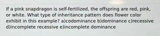 If a pink snapdragon is self-fertilized, the offspring are red, pink, or white. What type of inheritance pattern does flower color exhibit in this example? a)codominance b)dominance c)recessive d)incomplete recessive e)incomplete dominance