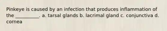 Pinkeye is caused by an infection that produces inflammation of the __________. a. tarsal glands b. lacrimal gland c. conjunctiva d. cornea