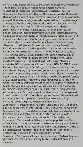 Pioneer Fund book sent out to 100,000s of academics *Premise:* There are 3 biologically-based races among humans... Classification Orientals (East Asians, Mongoloids), Whites (Europeans, Caucasoids), Blacks (Africans, Negroids). Rationale: How would a team of extraterrestrial scientist divide humans into groups? How are racial groups distinguished in "common usage." -not very scientific categories at all -common usage is a social construct, i.e. not scientific --fatally flawed logic *Racial Determinism* Premise: Racial groups differ in intelligence, health, and other social/behavioral variables. Claims to identify 60 social/behavioral variables that distinguish racial groups and argues that these are *innate* and *genetically determined* variables. -brain measurements, which were flawed anyway *Race and Intelligence* IQ tests can be culturally biased (or biased toward class that designs them). IQ test scores heavily influenced by quality of schooling, modes of instruction, etc. Thus, IQ test scores reflect innate intelligence AND quality of education. Therefore, IQ tests are not a reliable measure of innate intelligence...not neutral, not just innate -Mapping unreliable IQ tests onto social constructs is BAD SCIENCE -social behavior has nothing to do with genetics --reminds us of the caricatures...trying to prove --so...genetics -> personality -> rule following -> criminality -> etc. -Conclusions --Blacks are low IQ, hyper-sexual, and criminal...same as cartoons --both bad science and a racial agenda --Rushton's book downloaded for free on white supremacy websites *What Is the "Alt-Right?"* Alternative Right: "groups and individuals whose core belief is that 'white identity' is under attack by multicultural forces using 'political correctness' and 'social justice' to undermine white people and 'their' civilization." Southern Poverty Law Center. Termed coined in 2008 by Richard Spencer, head of the National Policy Institute...white ID group *Devlin and Spencer's Argument*...verbatim from Rushton Races are distinct groups of people. Races vary in intelligence. Race and Crime: "propensity to crime is strongly correlated to lower intelligence, shorter 'time horizons' and ability to plan for the future, as well as other factors such as . . . lower impulse control." Reproductive Strategies: "Compared to White and Asian populations, Black Africans are more fertile and tend to devote less time and effort to their offspring." Cite fostering as evidence Ultimately, there is no unequivocal reason to think that the recognition of racial differences in particular traits implies any overall "superiority."...why would they make this claim -Richard Spencer is a cuck -there's a whole history to this, it doesn't arise in a vaccuum