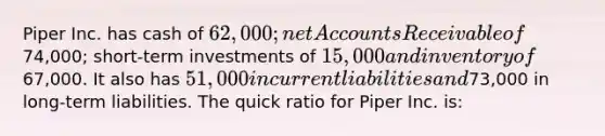 Piper Inc. has cash of 62,000; net Accounts Receivable of74,000; short-term investments of 15,000 and inventory of67,000. It also has 51,000 in current liabilities and73,000 in long-term liabilities. The quick ratio for Piper Inc. is: