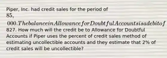 Piper, Inc. had credit sales for the period of 85,000. The balance in Allowance for Doubtful Accounts is a debit of827. How much will the credit be to Allowance for Doubtful Accounts if Piper uses the percent of credit sales method of estimating uncollectible accounts and they estimate that 2% of credit sales will be uncollectible?