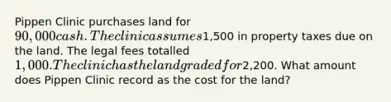 Pippen Clinic purchases land for 90,000 cash. The clinic assumes1,500 in property taxes due on the land. The legal fees totalled 1,000. The clinic has the land graded for2,200. What amount does Pippen Clinic record as the cost for the land?