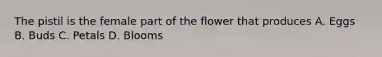 The pistil is the female part of the flower that produces A. Eggs B. Buds C. Petals D. Blooms