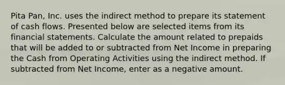 Pita Pan, Inc. uses the indirect method to prepare its statement of cash flows. Presented below are selected items from its financial statements. Calculate the amount related to prepaids that will be added to or subtracted from Net Income in preparing the Cash from Operating Activities using the indirect method. If subtracted from Net Income, enter as a negative amount.