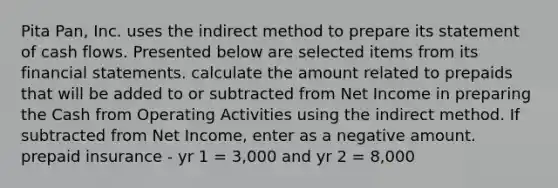 Pita Pan, Inc. uses the indirect method to prepare its statement of cash flows. Presented below are selected items from its <a href='https://www.questionai.com/knowledge/kFBJaQCz4b-financial-statements' class='anchor-knowledge'>financial statements</a>. calculate the amount related to prepaids that will be added to or subtracted from Net Income in preparing the Cash from Operating Activities using the indirect method. If subtracted from Net Income, enter as a negative amount. prepaid insurance - yr 1 = 3,000 and yr 2 = 8,000