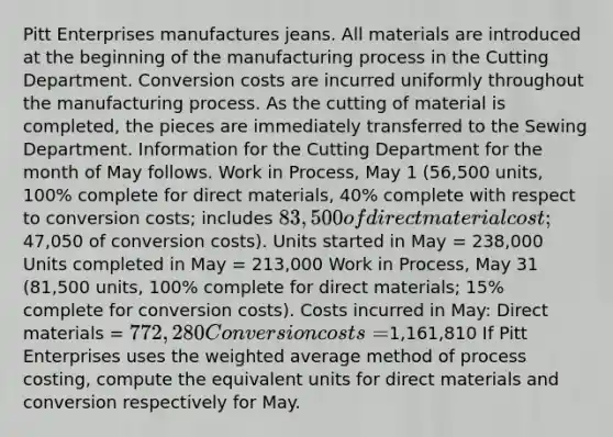 Pitt Enterprises manufactures jeans. All materials are introduced at the beginning of the manufacturing process in the Cutting Department. Conversion costs are incurred uniformly throughout the manufacturing process. As the cutting of material is completed, the pieces are immediately transferred to the Sewing Department. Information for the Cutting Department for the month of May follows. Work in Process, May 1 (56,500 units, 100% complete for direct materials, 40% complete with respect to conversion costs; includes 83,500 of direct material cost;47,050 of conversion costs). Units started in May = 238,000 Units completed in May = 213,000 Work in Process, May 31 (81,500 units, 100% complete for direct materials; 15% complete for conversion costs). Costs incurred in May: Direct materials = 772,280 Conversion costs =1,161,810 If Pitt Enterprises uses the <a href='https://www.questionai.com/knowledge/koL1NUNNcJ-weighted-average' class='anchor-knowledge'>weighted average</a> method of process costing, compute the equivalent units for direct materials and conversion respectively for May.