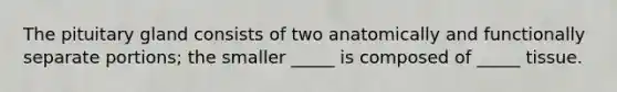 The pituitary gland consists of two anatomically and functionally separate portions; the smaller _____ is composed of _____ tissue.