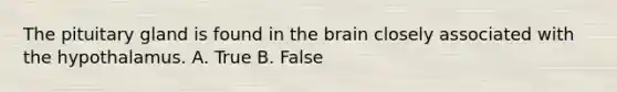 The pituitary gland is found in the brain closely associated with the hypothalamus. A. True B. False