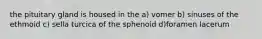 the pituitary gland is housed in the a) vomer b) sinuses of the ethmoid c) sella turcica of the sphenoid d)foramen lacerum