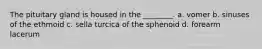 The pituitary gland is housed in the ________. a. vomer b. sinuses of the ethmoid c. sella turcica of the sphenoid d. forearm lacerum