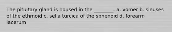 The pituitary gland is housed in the ________. a. vomer b. sinuses of the ethmoid c. sella turcica of the sphenoid d. forearm lacerum