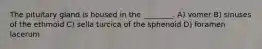 The pituitary gland is housed in the ________. A) vomer B) sinuses of the ethmoid C) sella turcica of the sphenoid D) foramen lacerum
