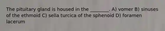 The pituitary gland is housed in the ________. A) vomer B) sinuses of the ethmoid C) sella turcica of the sphenoid D) foramen lacerum