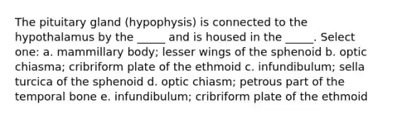 The pituitary gland (hypophysis) is connected to the hypothalamus by the _____ and is housed in the _____. Select one: a. mammillary body; lesser wings of the sphenoid b. optic chiasma; cribriform plate of the ethmoid c. infundibulum; sella turcica of the sphenoid d. optic chiasm; petrous part of the temporal bone e. infundibulum; cribriform plate of the ethmoid