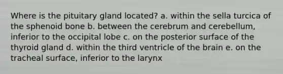 Where is the pituitary gland located? a. within the sella turcica of the sphenoid bone b. between the cerebrum and cerebellum, inferior to the occipital lobe c. on the posterior surface of the thyroid gland d. within the third ventricle of <a href='https://www.questionai.com/knowledge/kLMtJeqKp6-the-brain' class='anchor-knowledge'>the brain</a> e. on the tracheal surface, inferior to the larynx