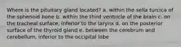 Where is the pituitary gland located? a. within the sella turcica of the sphenoid bone b. within the third ventricle of the brain c. on the tracheal surface, inferior to the larynx d. on the posterior surface of the thyroid gland e. between the cerebrum and cerebellum, inferior to the occipital lobe