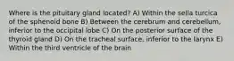 Where is the pituitary gland located? A) Within the sella turcica of the sphenoid bone B) Between the cerebrum and cerebellum, inferior to the occipital lobe C) On the posterior surface of the thyroid gland D) On the tracheal surface, inferior to the larynx E) Within the third ventricle of the brain