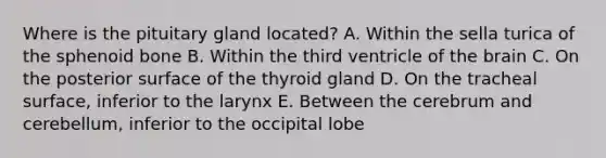 Where is the pituitary gland located? A. Within the sella turica of the sphenoid bone B. Within the third ventricle of the brain C. On the posterior surface of the thyroid gland D. On the tracheal surface, inferior to the larynx E. Between the cerebrum and cerebellum, inferior to the occipital lobe