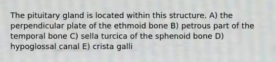 The pituitary gland is located within this structure. A) the perpendicular plate of the ethmoid bone B) petrous part of the temporal bone C) sella turcica of the sphenoid bone D) hypoglossal canal E) crista galli