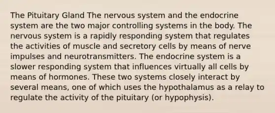 The Pituitary Gland The nervous system and the endocrine system are the two major controlling systems in the body. The nervous system is a rapidly responding system that regulates the activities of muscle and secretory cells by means of nerve impulses and neurotransmitters. The endocrine system is a slower responding system that influences virtually all cells by means of hormones. These two systems closely interact by several means, one of which uses the hypothalamus as a relay to regulate the activity of the pituitary (or hypophysis).