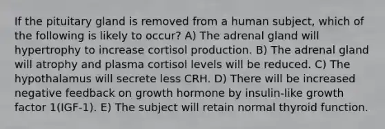 If the pituitary gland is removed from a human subject, which of the following is likely to occur? A) The adrenal gland will hypertrophy to increase cortisol production. B) The adrenal gland will atrophy and plasma cortisol levels will be reduced. C) The hypothalamus will secrete less CRH. D) There will be increased negative feedback on growth hormone by insulin-like growth factor 1(IGF-1). E) The subject will retain normal thyroid function.